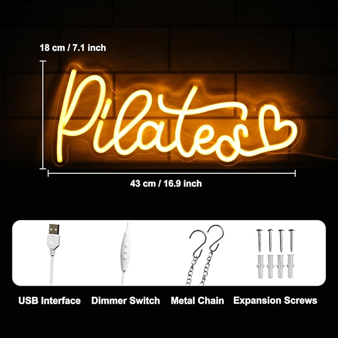 Pilates Neon Sign Yoga LED Neon Lights Signs Orange Letter with Love Neon Signs for Wall Motivational Wall Art Pilates Neon Light Up Sign for Gym Yoga Studio Bedroom Pilates Pavilion Decor