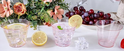 Ciaell 300PCS Clear Pink Plastic Cups - 9 Oz Heavy Duty Plastic Cups - Clear Party Cup Disposable Wine Cup for Parties & Weddings & Party