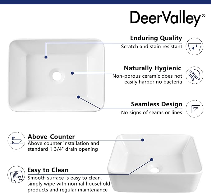 Rectangle Vessel Sink, Deervalley DV-1V0048 Liberty 16" x 12'' White Bathroom Sinks Ceramic Above Counter Sink Bowl