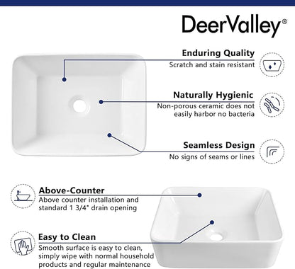 Rectangle Vessel Sink, Deervalley DV-1V0048 Liberty 16" x 12'' White Bathroom Sinks Ceramic Above Counter Sink Bowl
