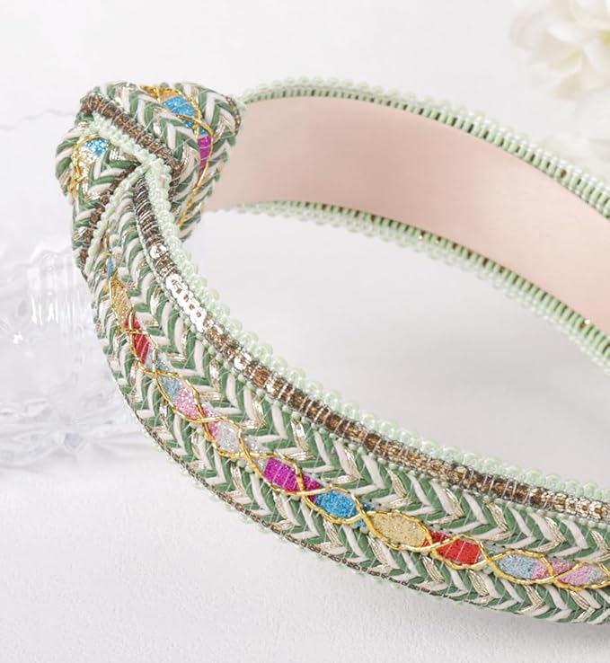 Women's Boho Top Knotted Braided Headbands for Women Non Slip, Girls Sparkly Wide Hair Accessories Christmas Gift (Boho Green Knot)