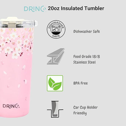 Drinco - 20 oz Stainless Steel Tumbler | Double Walled Vacuum Insulated Mug With Lid, 2 Straws, For Hot & Cold Drinks (20oz Sakura)