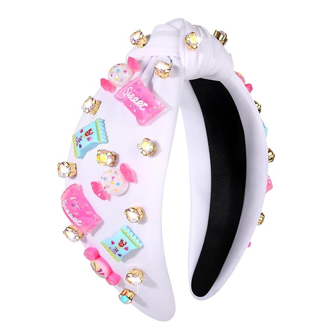 Knotted Headband for Women Lollipop Candy Charms Crystal Jeweled Embellished Top Knot Hairband Statement Wide Turban Hair Hoop Funny Gifts for Girls Sister Birthday Xmas Holiday Party