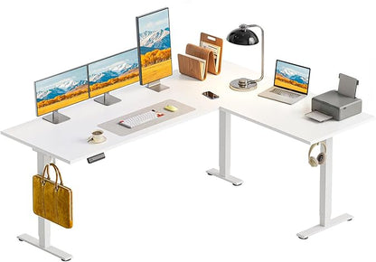 OffiGo 63 Inch Reversible L Shaped Electric Standing Desk, Height Adjustable Corner Stand up Desk, Ergonomic Large Lift Computer Table for Home, Office, Workstation, White