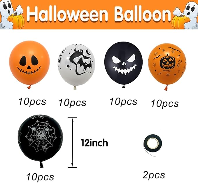 Halloween Decoration Balloons, 50pcs 12 Inch Black Orange White Halloween Balloons Bat Spooky Pumpkin Spider Web Halloween Balloons for Halloween Party Decoration Outdoor Home, Yard Backdrop Party