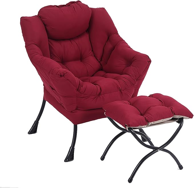 LITA Lazy Chair with Ottoman, Modern Accent Leisure Upholstered Sofa Chairs, Contemporary Lounge Reading Chairs with Armrests and a Side Pocket for Living Room, Bedroom & Small Space, Burgundy