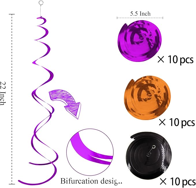 30Pc Halloween Party Party Swirl Decorations Foil Swirl Hanging Decoration Plastic Streamer for Ceiling 22 in (Black Purple and Orange)