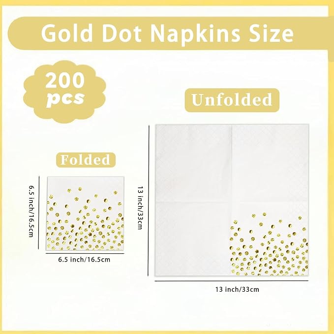200 Pcs Unfold Size 13x13 Inch Disposable White Rose Gold Dot Paper Napkins