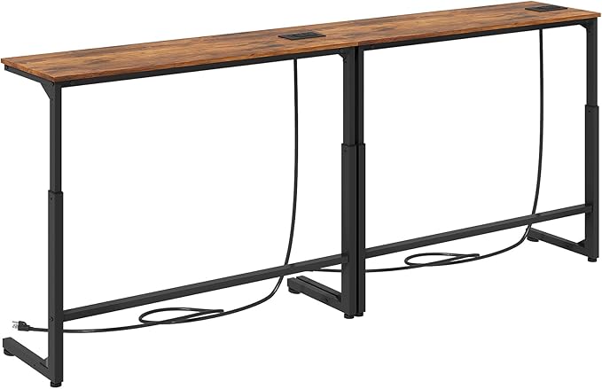 Kitstorack 2-Pack Rustic Brown Console Table, 7.9" Deep Panel, Adjustable Height (25"-33") & Built-in Power Outlets, Behind Sofa Couch, Includes 4.9' Power Cord - 79" L