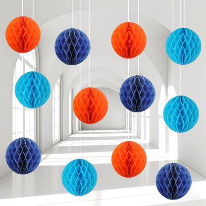 Capesaro 12pcs Blue Orange Hanging Honeycomb Balls Decorations Theme Party Decorations Happy Children's Celebration Dec Kids Decoration Boys’1st Birthday Decor(6" 8" 10" Blue Orange Set)