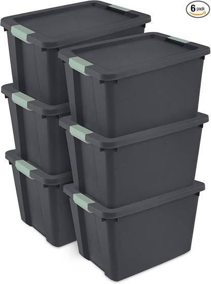 Sterilite 6 Pack 20 Gallon Latch Tote, Stackable Plastic Storage Bin Container, Gray/Green