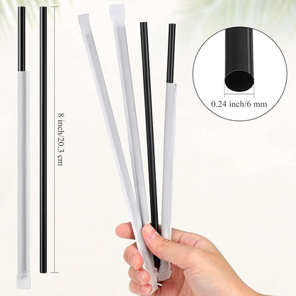 Hoolerry 2000 Pcs 8 Inch Plastic Straws Disposable Individually Wrapped Drinking Straight Long Straws, 0.24" Wide, for Hot and Cold Beverages (Black)