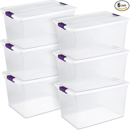 Sterilite 66 Qt ClearView Latch Storage Box, Stackable Bin with Latching Lid, Plastic Container to Organize Clothes in Closet, Clear Base, Lid, (Pack of 6)
