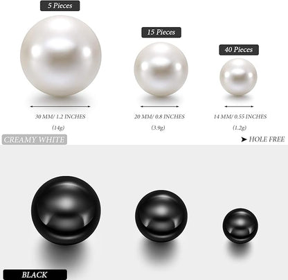 Hicarer 120 Pieces Pearl for Vase Filler Pearl Bead Vase Centerpieces Brush Holder Assorted Round Faux Bead for Crafting, Home Wedding Table Decor 14/20/30 mm(Creamy White, Bright Black)