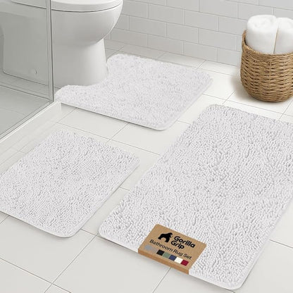 GORILLA GRIP Bathroom Rug Sets 3 Piece, Bath Mat Set and Oval Toilet Base with Rubber Backing, Plush Absorbent Shaggy Chenille Washable Mats, Includes 24x19.5, 24x17 and 30x20 Inch Rugs, Cream