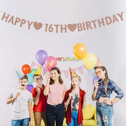 Rose Gold 16th Birthday Banner, Glitter Happy 16 Years Old Boy or Girl Party Decorations, Supplies