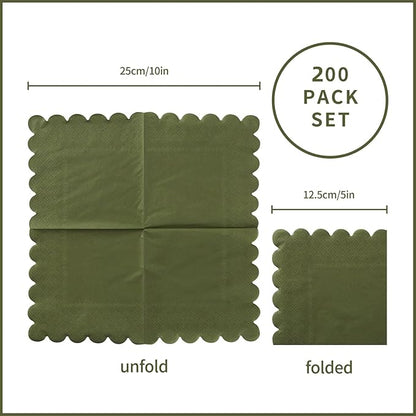 200 Pack Cocktail Napkin 2-Ply Scalloped Edged Dessert Napkins Folded 5 x 5 Inches Disposable Napkins for Dinner Wedding Birthday Party Bridal Anniversary Reception Event (Green)