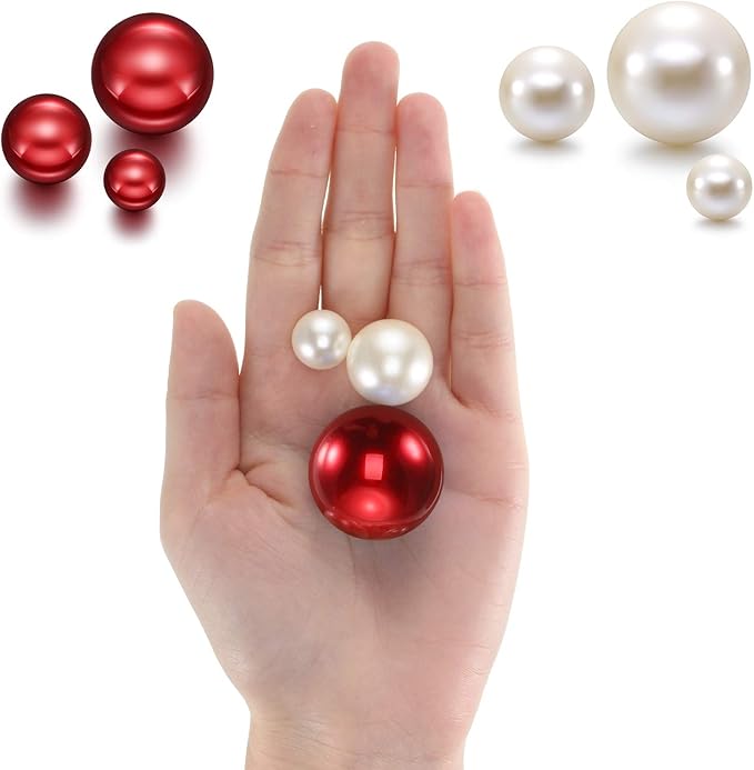 Hicarer 120 Pieces Pearl for Vase Filler Pearl Bead Vase Centerpieces Brush Holder Assorted Round Faux Bead for Crafting, Home Wedding Table Decor 14/20/30 mm (Creamy White, Bright Red)