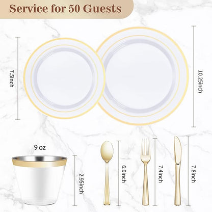 BESTVIP 300PCS Plastic Dinnerware Set (50 Guests), Gold Disposable Plates for Party, Wedding, Christmas, Anniversary, Includes: Dinner Plates, Dessert Plates, Cups, Spoons, Forks and Knives
