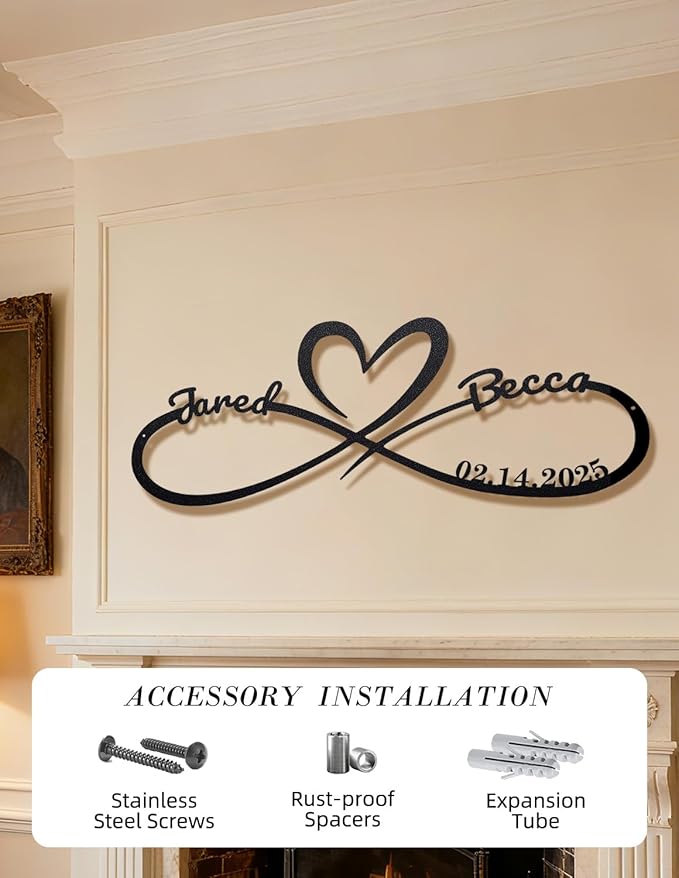 Personalized Metal Sign With Couples Name and Date: Wedding Gifts for Couples - Anniversary Valentines Day Gifts for her him Bridal Shower - Infinity Heart Wall Decor Style1