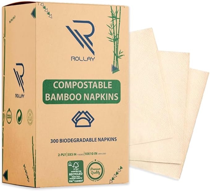300 Bamboo Cocktail Napkins - FSC Certified 2-Ply Compostable Napkins Disposable for Home or Commercial Use - 5x5 inch folded Biodegradable Paper Napkins for Dinner and Party