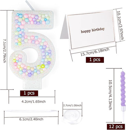 Number Birthday Candle with 12PCS Spiral Candles and A Birthday Card - Perfect for Celebrating Birthdays (Macaron Glitter, Number 5)