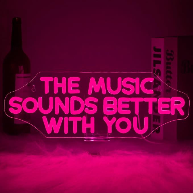NOSUN The Music Sounds Better with You Neon Sign Romance Neon Signs for Wall Decor Led Neon Sign Aesthetic Room Decor for Teen Girls Neon Lights Signs for Bedroom Salon Party Pink Light