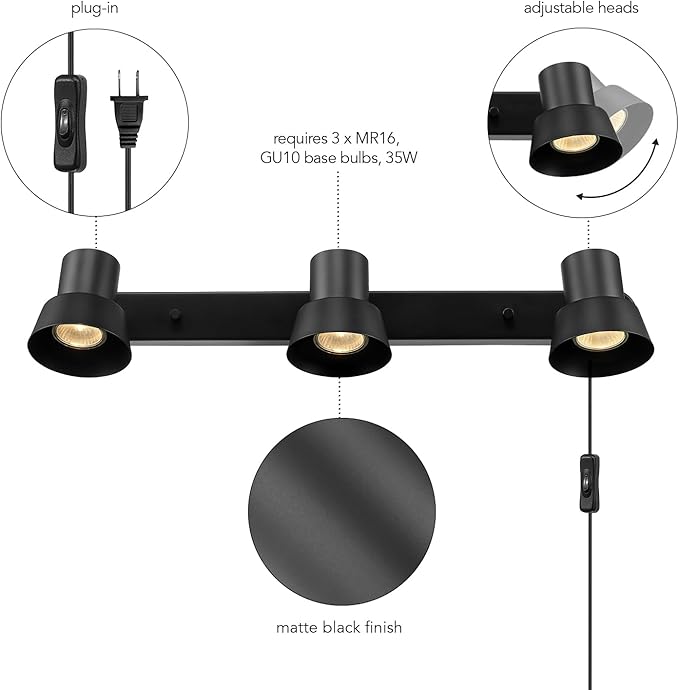 GLOBE Electric 64000115 22" 3-Light Plug-in Track Lighting, Matte Black, Adjustable Pivoting Heads, 15-Foot Cord, in-Line on/Off Rocker Switch, Modern Ceiling Light Fixture for Apartments or Renters