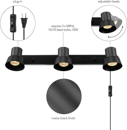 GLOBE Electric 64000115 22" 3-Light Plug-in Track Lighting, Matte Black, Adjustable Pivoting Heads, 15-Foot Cord, in-Line on/Off Rocker Switch, Modern Ceiling Light Fixture for Apartments or Renters