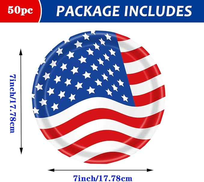 50Pcs USA Flag Paper Plates 7inch American Flag Plates,4th of July Paper Plates,4th of July Themed 4th of July Party Supplies,for Memorial Day,Veterans Day, Independence Day Party Supplies Decor