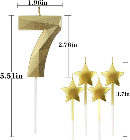 Golden Number 7 & Star 3D Diamond Shaped Birthday Candles - 2.76 inch, Suitable for Parties & Cake Decorations