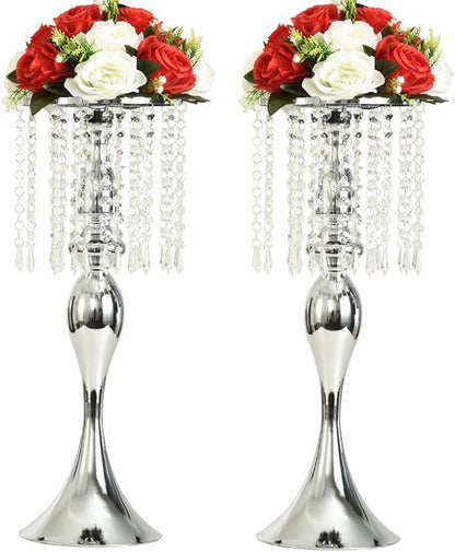 LANLONG Set of 2 Crystal Centerpieces for Tables Silver Metal Flower Vase Stand for Wedding Party Reception Home Decor