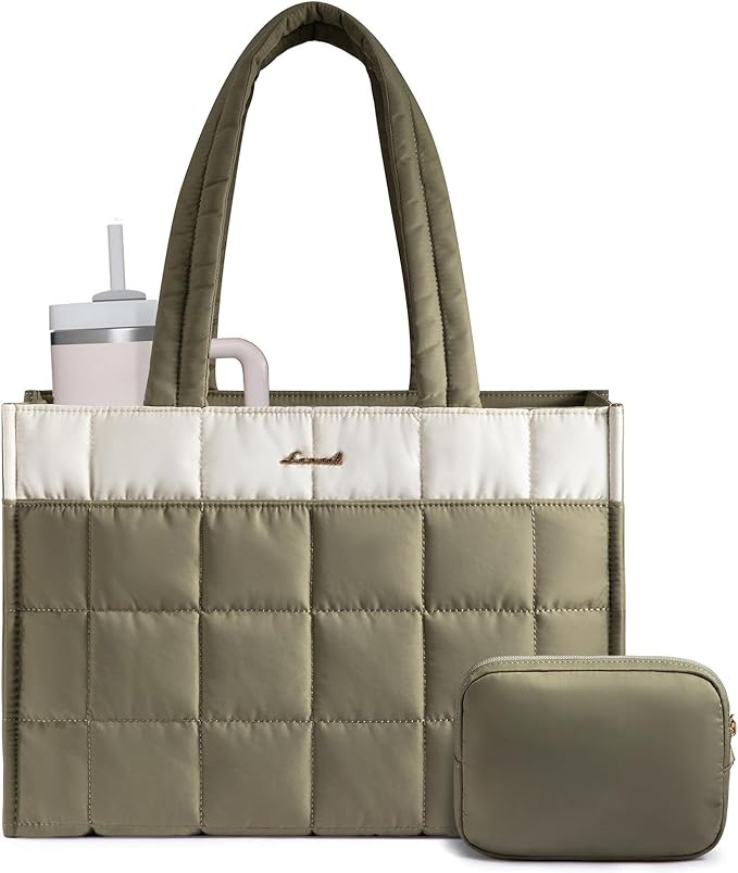 LOVEVOOK Tote Bag for Women, Puffer Work Handbag 17 Inch Laptop Purse for Nurse Teacher, Large Quilted Travel Tote Shoulder Bag with Zipper for College Office Clinical Gym