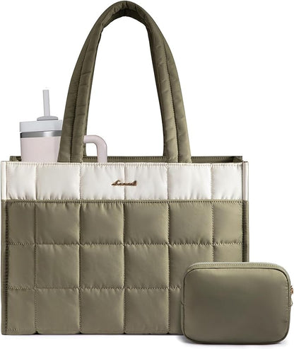 LOVEVOOK Tote Bag for Women, Puffer Work Handbag 17 Inch Laptop Purse for Nurse Teacher, Large Quilted Travel Tote Shoulder Bag with Zipper for College Office Clinical Gym