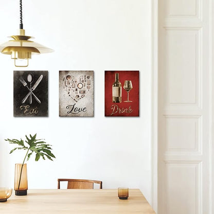 iKNOW FOTO 3 Piece Canvas Wall Art Set 'Eat, Drink, Love' Inspirational Quote Prints for Kitchen, Dining Room, Restaurants Ready to Hang 12x16 Inches Each