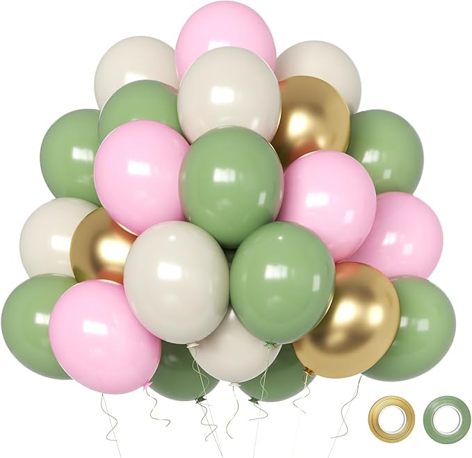 Pink and Green Balloons Sage Green Pink Metallic Gold Balloons Latex Balloon for Party Decorations Adult-oriented Parties as Weddings Celebrations Business Events and Family Gatherings.