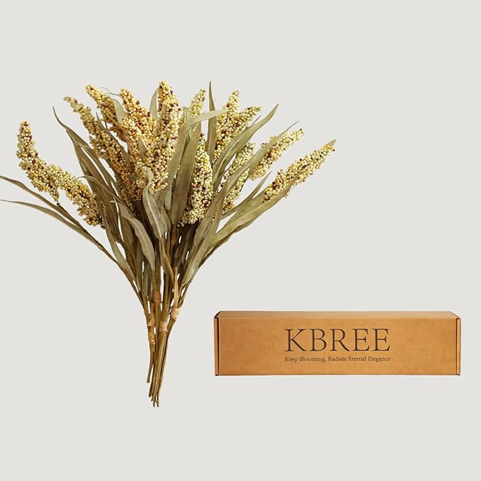 KBREE 16" Artificial Fall Grain Bundles for Thanksgiving Decoration, 4 Packs Rustic Harvest Sheaves with Aged Leaves, Faux Grain Bouquets for Thanksgiving Table Centerpiece, Farmhouse Decor (Beige)