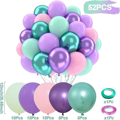 Patimate Mermaid Party Balloons Set, 50 pcs 12 inch Pastel Purple Pink Green Metallic Purple Green Latex Balloons Kit for Girls Mermaid Birthday Baby Shower Under The Sea Party Decorations