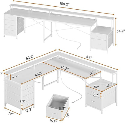 SEDETA L Shaped Desk with 6 Drawer, 108" Home Office Desk with File Drawer & Power Outlet, Corner Computer Desk with Monitor Shelf, File Cabinet, Two Person Desk, Gaming Desk with Led Lights, White