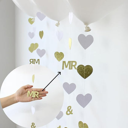 Gold Wedding Party Decorations Gold/White Heart Mr and Mrs Garland with Balloons for Bridal Shower Engagement Bachelorette Party