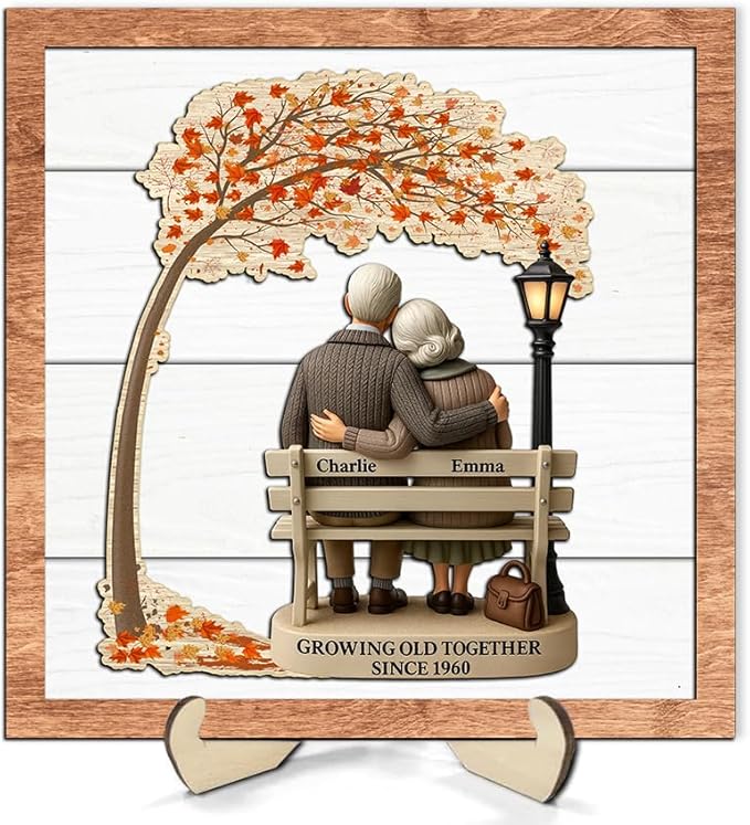 Growing Old Together Wooden Sign, Gifts for Him Her Wife Husband, Custom Wood Art Plaque Anniversary Couples Gift, Decor Valentine Christmas Gift For Parents, Grandparents Decorations Sign 39