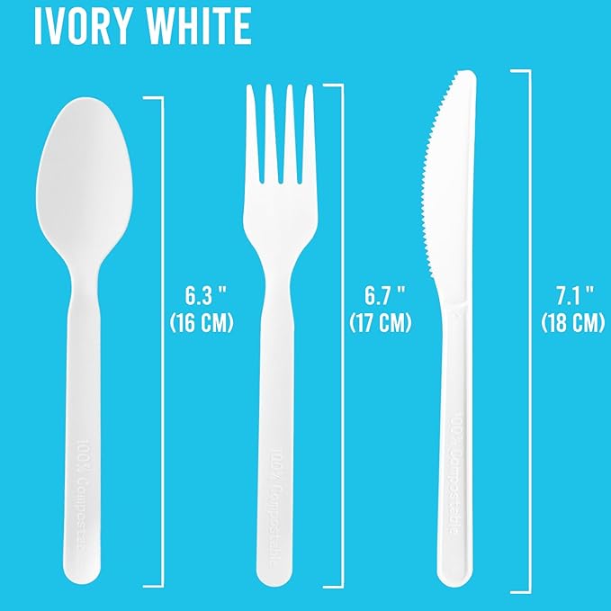 500 Count Large Compostable Forks Spoons Knives Flatware Set, White Heavy-duty Disposable Cutlery Eating Utensils (7 in.) BPI Certified