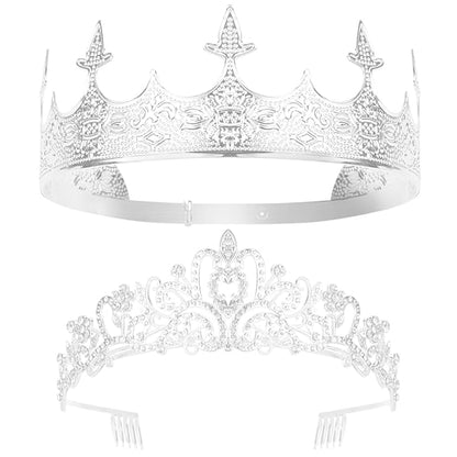 AOPRIE King & Queen Tiara and Crown for Women Men Girls Boys Halloween Party Event Supllies Favors Silver White, 2 Pack