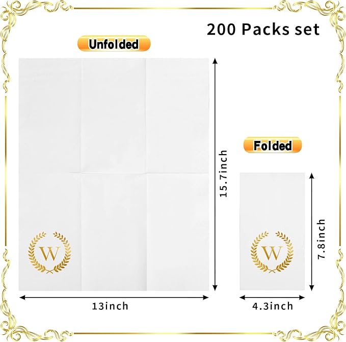 200 Pack Monogrammed Disposable Napkins Gold Foil Letter W Guest Napkins Initial Disposable Hand Paper Towels for Wedding Engagement Baby Shower Party Home Kitchen Bathroom Dinner Decorative Towels