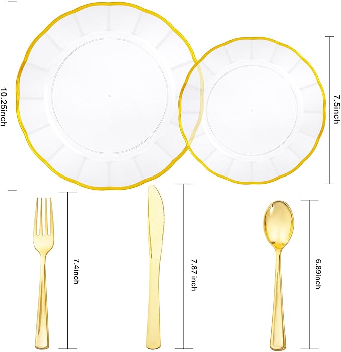 EI 150pcs Clear Plastic Plates with Gold Plastic Silverware,Disposable Plate Heavy Duty,Clear and Gold Dinnerware Set,Elegant Plates for Party,Wedding,Thanksgiving,Christmas,New Year
