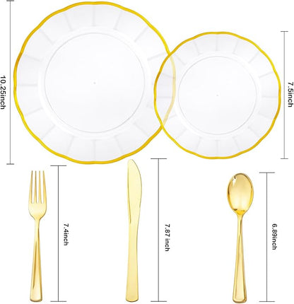 EI 150pcs Clear Plastic Plates with Gold Plastic Silverware,Disposable Plate Heavy Duty,Clear and Gold Dinnerware Set,Elegant Plates for Party,Wedding,Thanksgiving,Christmas,New Year