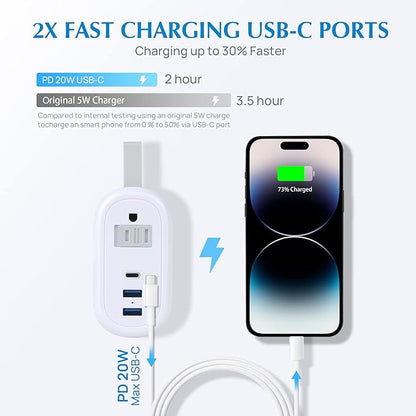 BEVA Travel Power Strip with USB C Ports, PD 20W Fast Charge 2 Outlets 3 USB Ports, 4 FT Travel Flat Plug Extension Cord, Non Surge Protector for Cruise Ship Travel Essentials(PD20W Charge White)