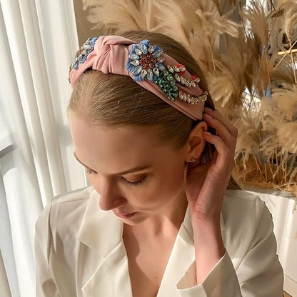 Yusier Baroque Rhinestone Crystal Hairband. 6.1in High, 5.31in Wide, Elastic Material, Exquisite Embroidery, Colorful Rhinestones. Embroidered Hair Hoop for Women. Pink. (1 Count)