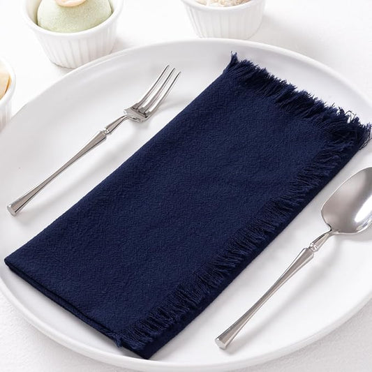 12 Pack Navy Blue Cotton Linen Napkins with Fringe Christmas Cloth Napkins Set of 12 Boho Handmade Holiday Napkins Bulk for Wedding Baby Shower Xmas Dinner Table Parties, 17 x 17 Inches