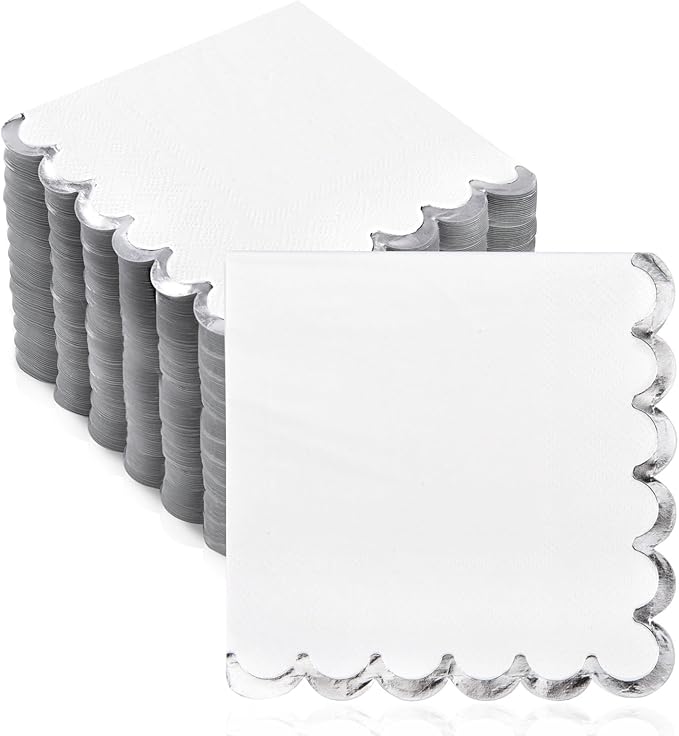 200 Pack White and Silver Paper Napkins Scalloped Cocktail Napkins White Disposable Beverage Napkins for Birthday Baby Shower Wedding Party Supplies Dinnerware Tableware Decorations